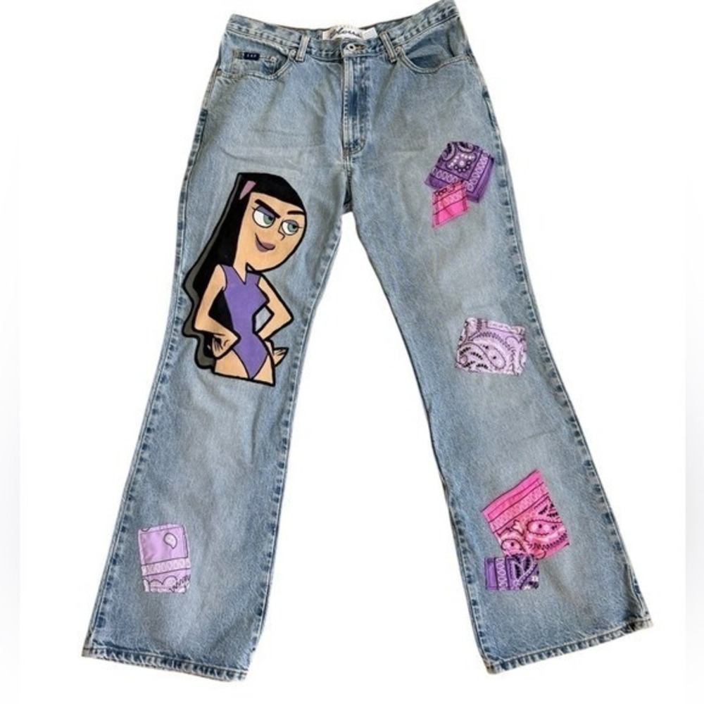 Express Bleus Danny Phantom Paulina Custom Painted Flare Jeans Light Wash 13/14L